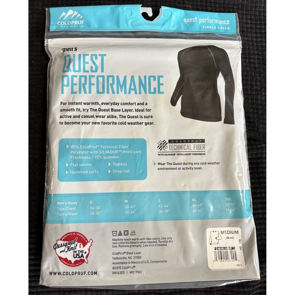 Quest Performance Active‎ Base Layer Men's Long Sleeve Black Size M Coldpruf NWT